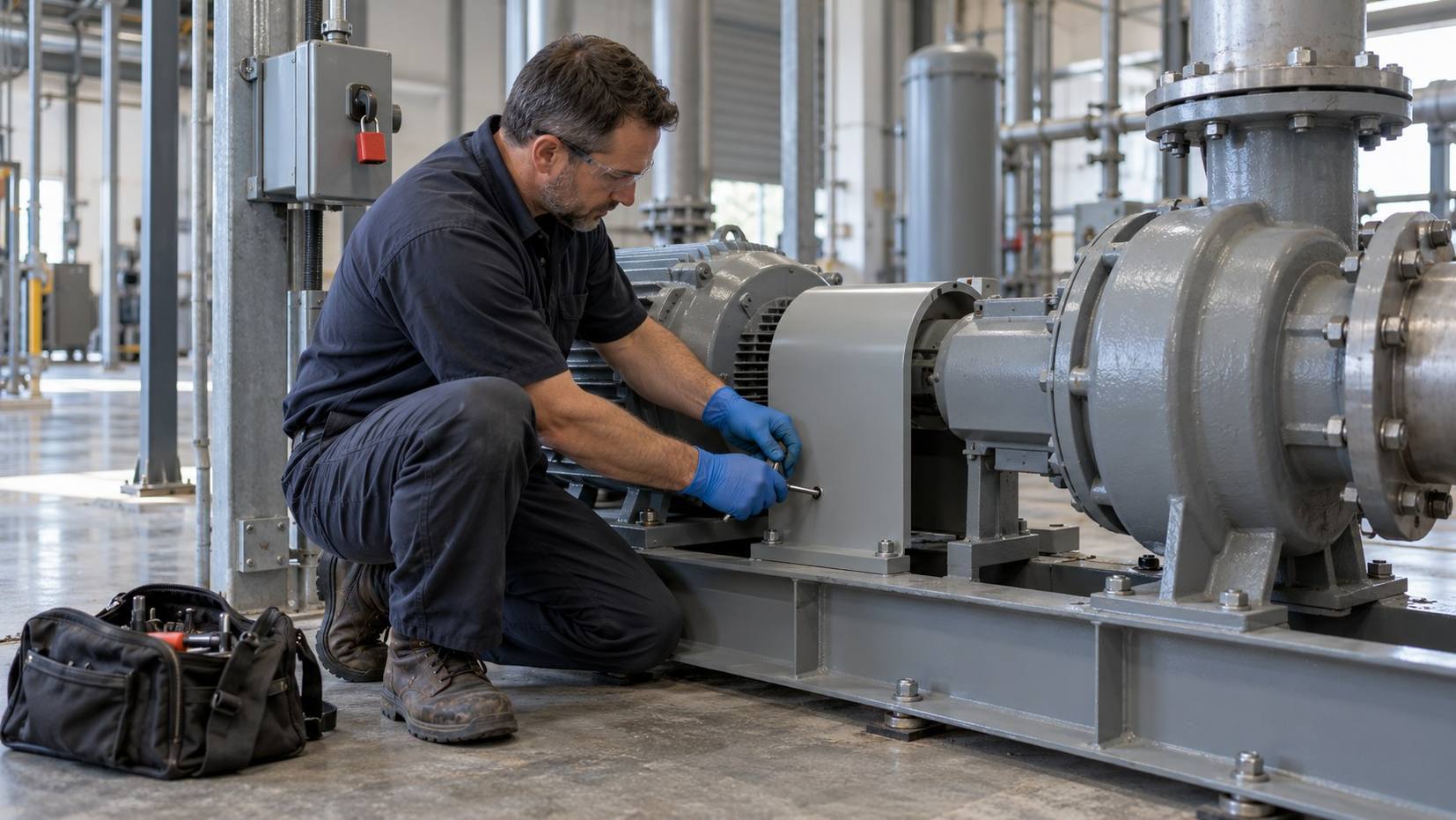 Field service technician kneels at a locked-out pump and fits a coupling guard with a hex key