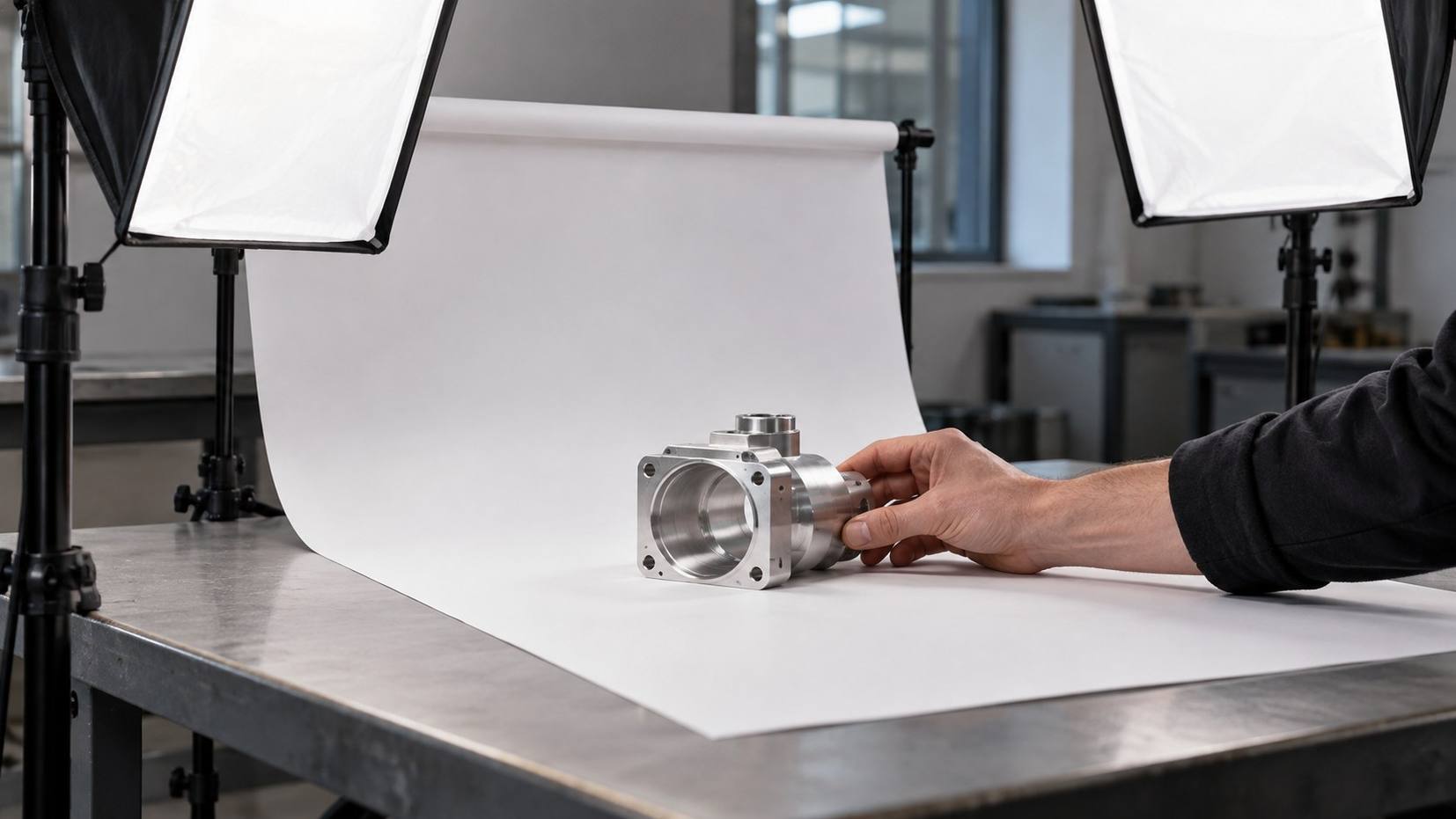 Hand placing a machined aluminum housing on a white paper backdrop between two softbox lights
