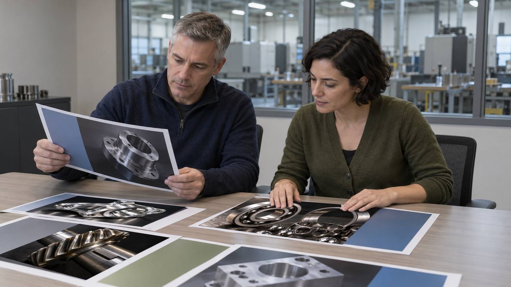 Two marketing colleagues review glossy brochure proofs of machined parts at a table by a window onto the plant