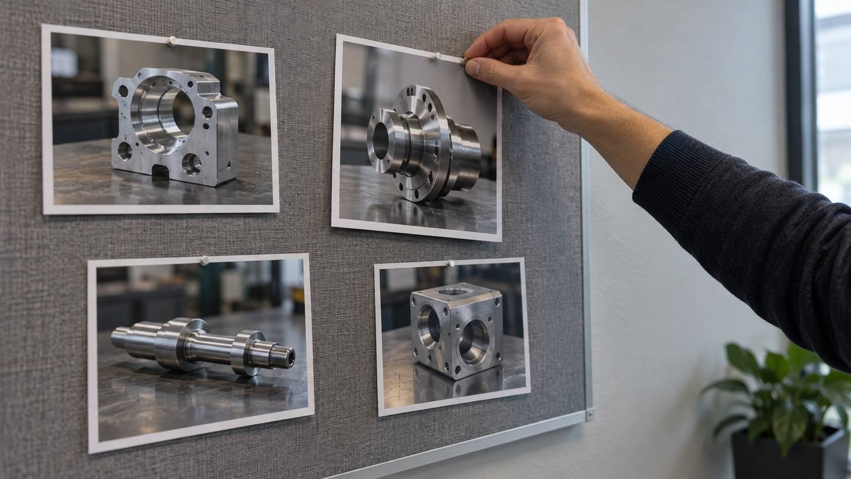 Hand pinning a photo of a machined part to a gray board that holds three other part photos