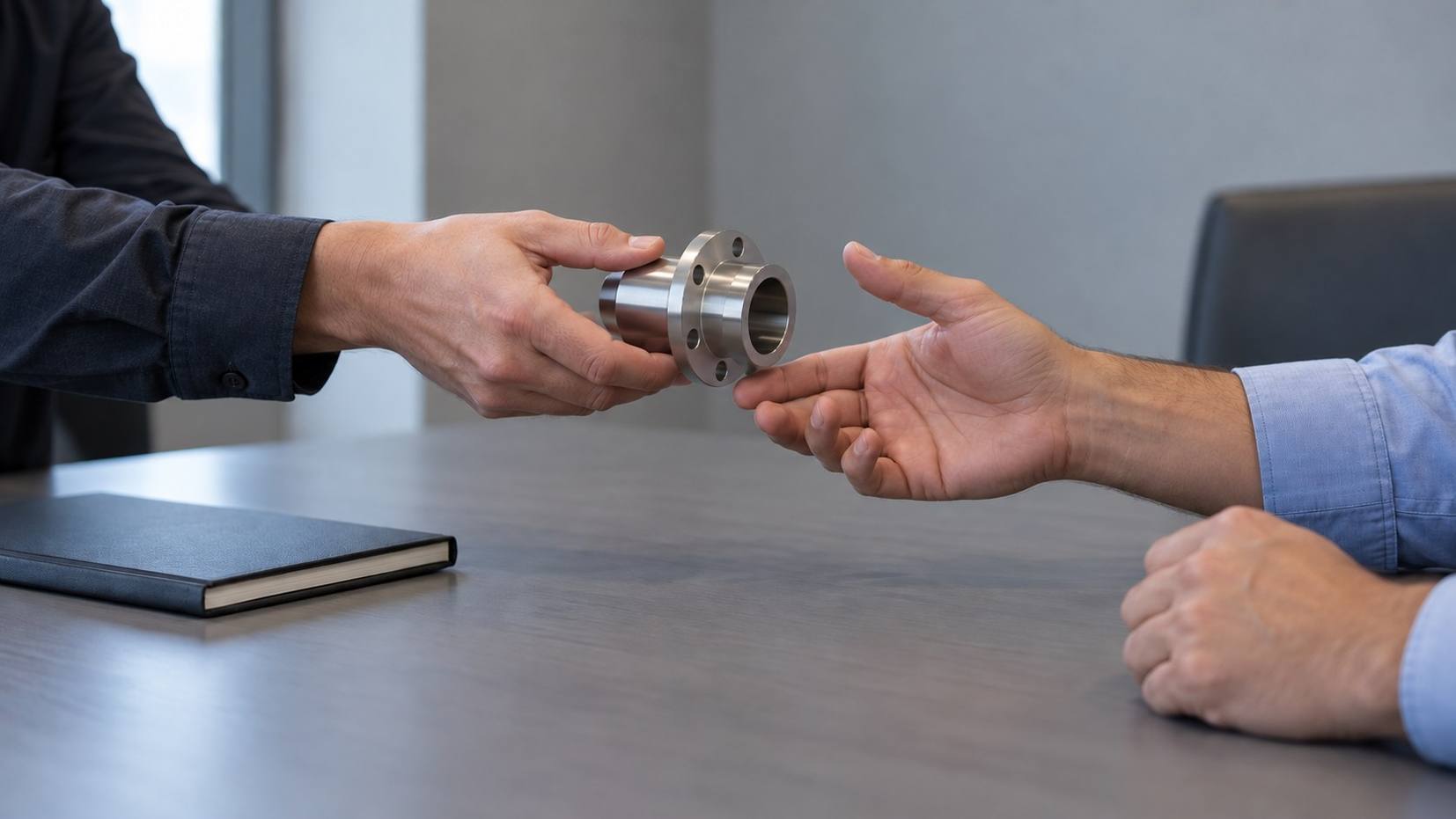 One person hands a machined steel sample part across a conference table to another person