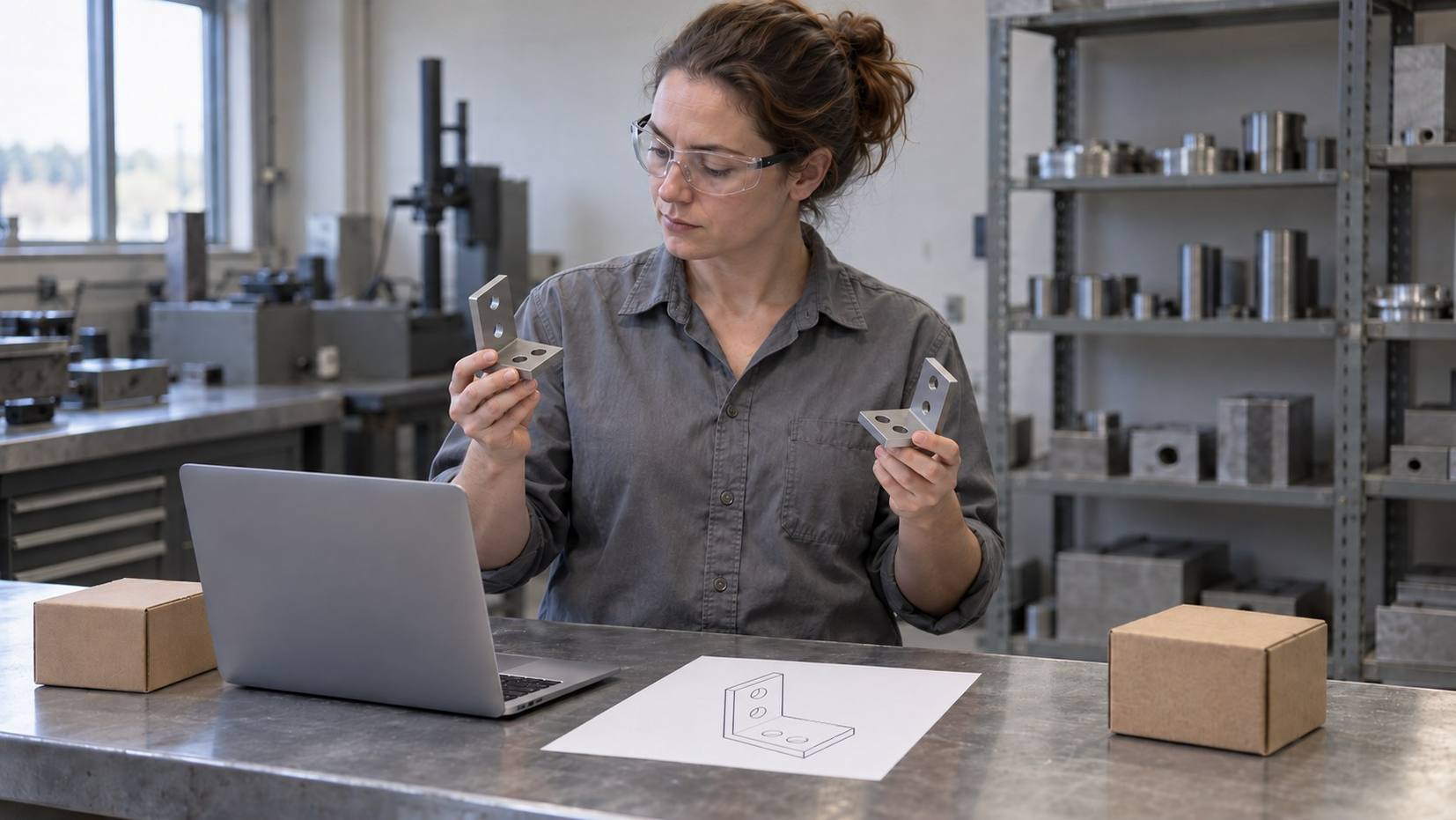 Engineer compares two steel angle brackets at a bench with an open laptop, a drawing of the bracket and two boxes