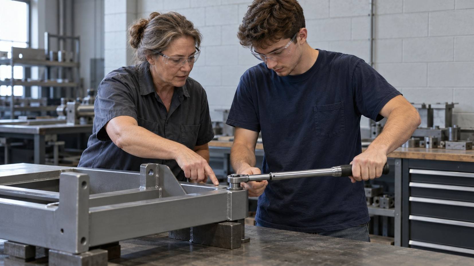 Experienced assembler points at a joint while a young new hire tightens a bolt with a torque wrench
