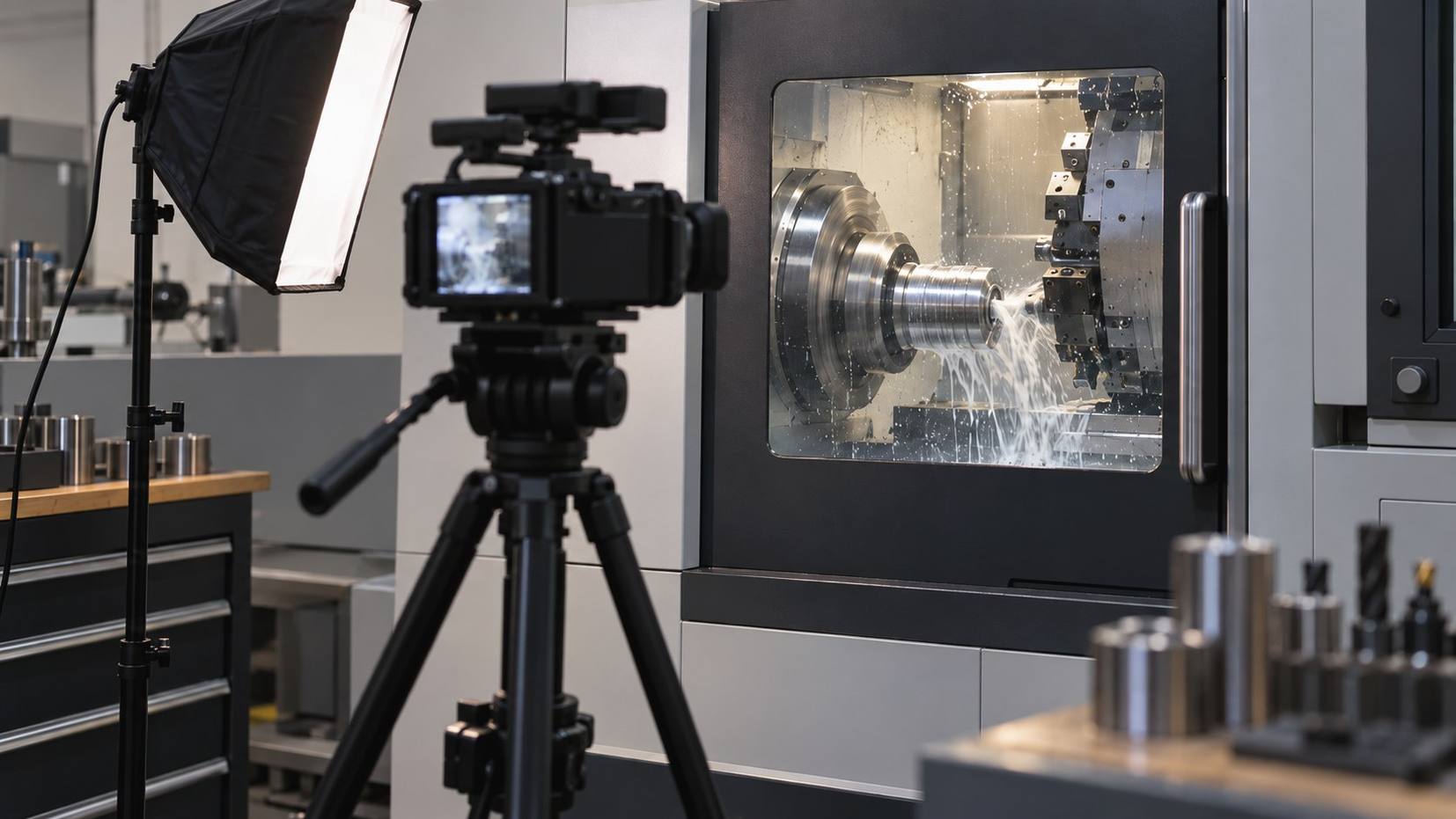 Camera on a tripod with a softbox light filming a CNC lathe cutting a steel part