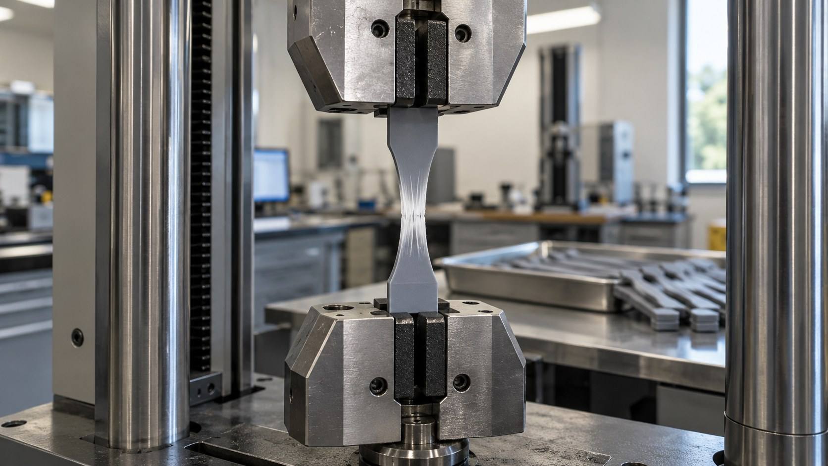 A molded gray plastic test bar stretching and necking in the grips of a tensile testing machine.