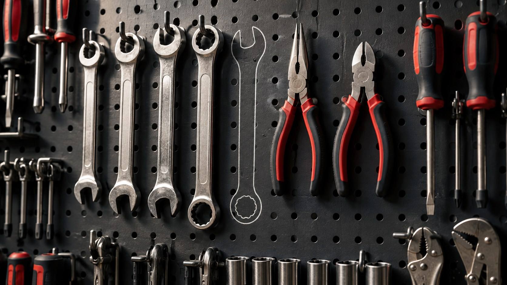 Hand tools hung on a pegboard shadow board in a shop.