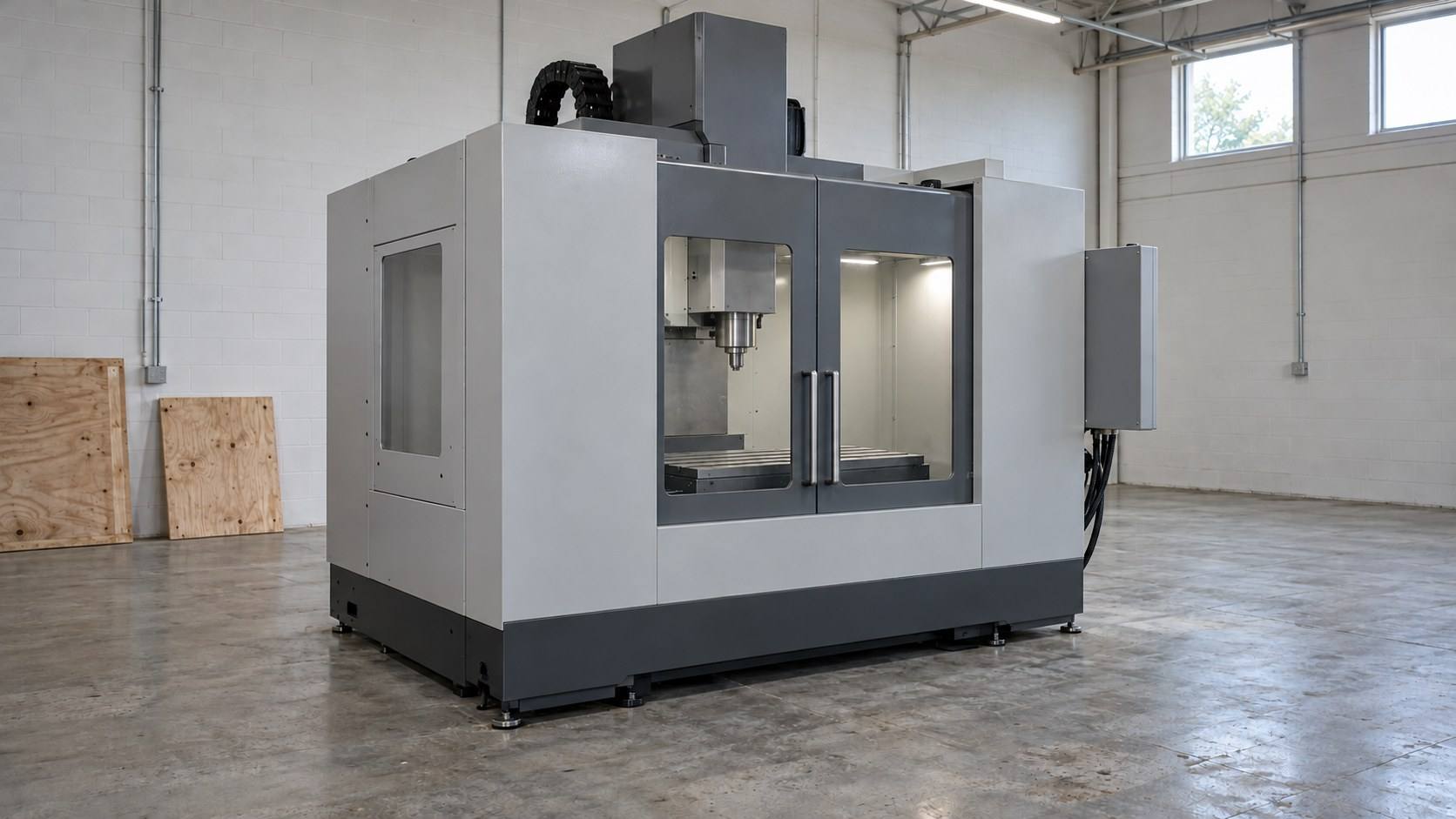 A new vertical machining center stands alone on a worn concrete slab in an empty machine shop bay.