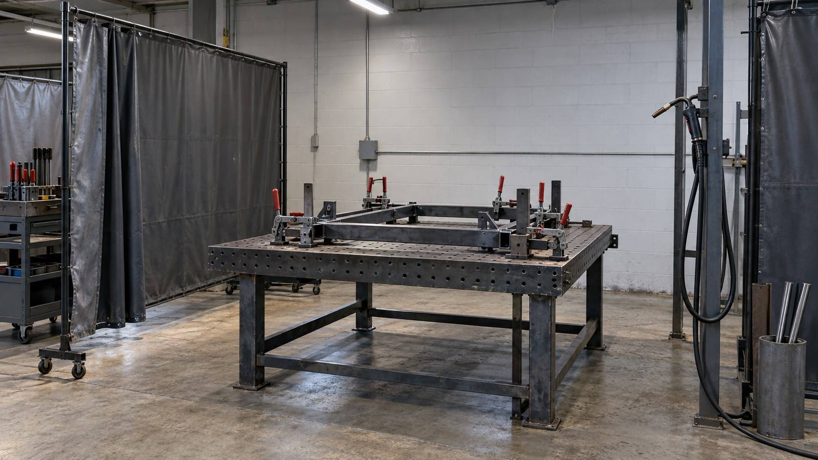 A weld fixture table with toggle clamps holding a partly welded steel frame in a quiet corner of a shop.